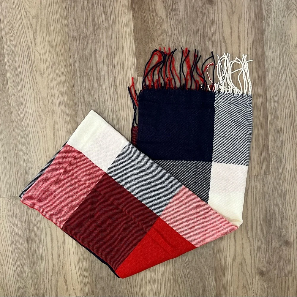 Oversized Plaid Blanket Scarf Red Navy Ivory Fringe